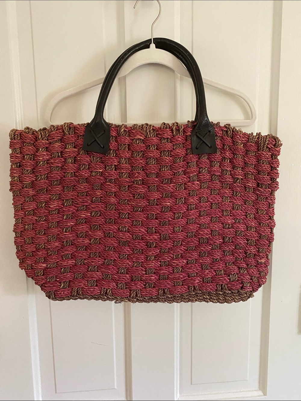 Moyna Pink and Brown Woven Tote with Black Handles